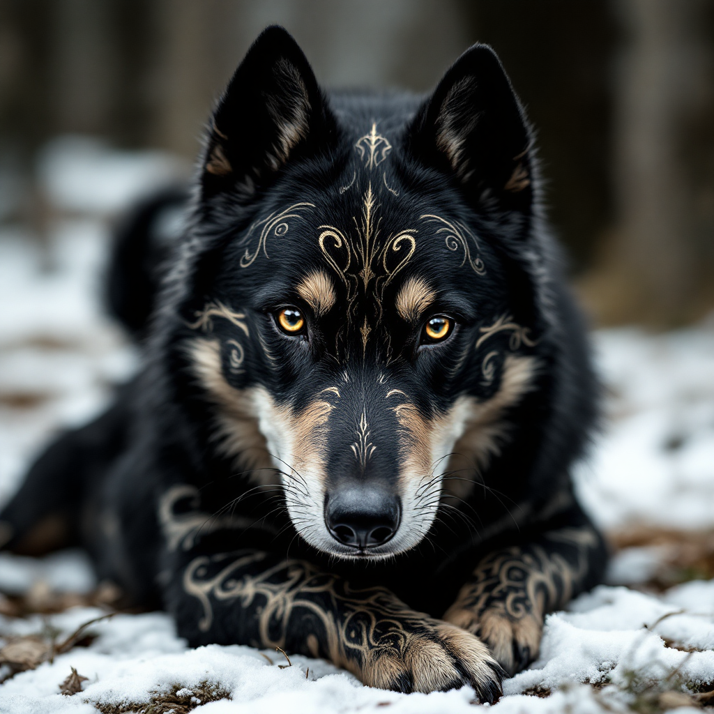 A large, sleek black dog with curly white markings lies in the snow. Its distinct big head features forward-facing eyes below the jawline and a unique trumpet-shaped nostril.