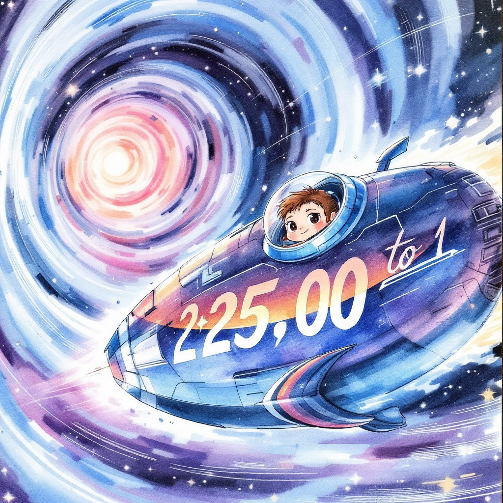 A colorful illustration of a spaceship soaring through a swirling cosmic vortex, with a young pilot inside, displaying 225,000 to 1 prominently on its side.