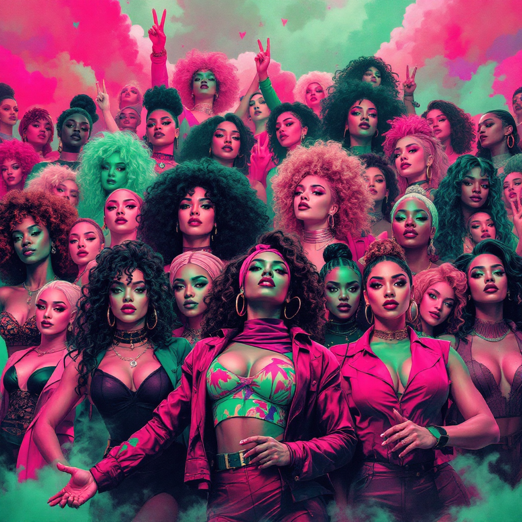 A vibrant grouping of powerful women with diverse hairstyles and outfits, united in a show of solidarity and strength, embodying the spirit of pinky promises to support one another.