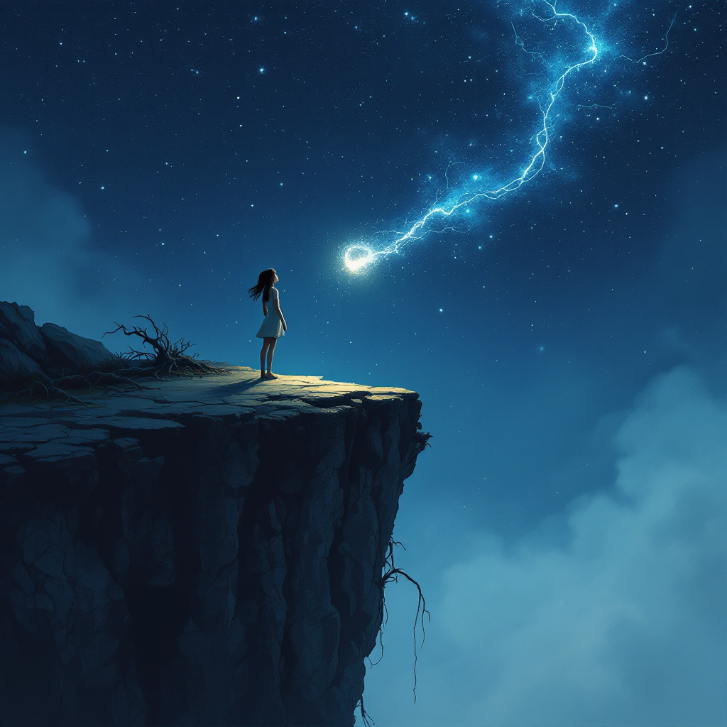 A figure stands on a cliff, gazing at a bright, swirling light in the night sky, symbolizing the precarious hope that clings to uncertainty beneath a backdrop of stars and clouds.