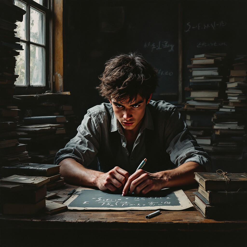 A young man, intensely focused, writes on a chalkboard in a dimly lit room surrounded by stacks of books, symbolizing the struggle against a world full of superficiality.