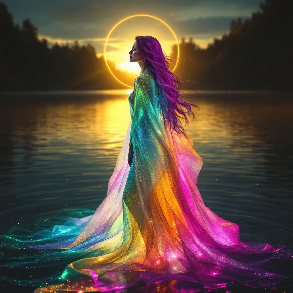 A figure stands in vibrant, flowing fabric by a serene lake at sunset, embodying the emergence of true self illuminated by a radiant halo in the background.