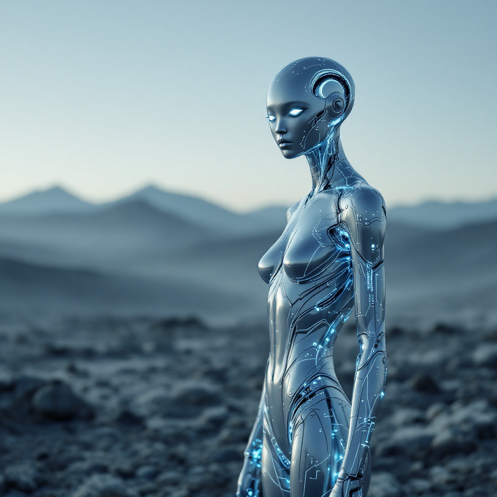 A sleek, humanoid robot stands alone in a desolate landscape, gazing into the distance, embodying the essence of self-reliance reflected in the quote, In the end, you are all that you have.