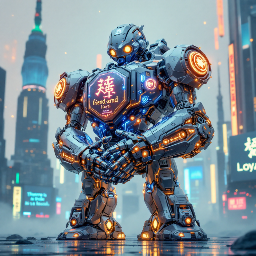 A towering, futuristic robot standing in a neon-lit cityscape, emblazoned with the words Loyal and Friend, embodying the sentiment, There is no friend as loyal as a book.