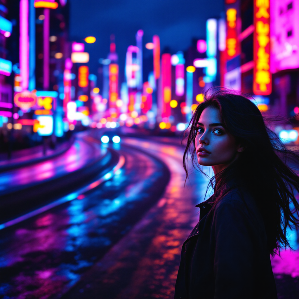 A woman stands on a wet street, illuminated by vibrant neon lights. She gazes thoughtfully into the distance, embodying the journey celebrated in the quote about valuing the experience.