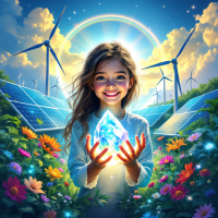 A joyful girl holds a glowing crystal amidst vibrant flowers, wind turbines, and solar panels, symbolizing the hope and future of renewable energy for generations to come.