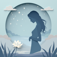 A serene silhouette of a woman stands by a calm body of water, framed by clouds and stars, with a white lotus flower in the foreground, embodying contemplation and tranquility.