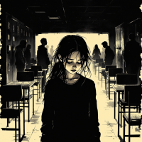 A solitary figure stands in a dimly lit classroom, surrounded by shadowy silhouettes, embodying feelings of isolation and the realization of being overlooked in high school.