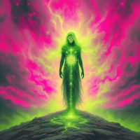 A glowing figure stands atop a rocky outcrop, surrounded by vibrant pink and green clouds, embodying the theme of embracing uncertainty to discover the unknown.