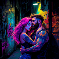 A couple embraces in a vibrant alley filled with graffiti, their tattoos and expressions reflecting deep trust and understanding, embodying the essence of love beyond mere affection.