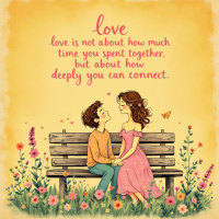 A couple sits closely on a bench surrounded by flowers, gazing into each other's eyes. Above them, the quote about the depth of love's connection is beautifully displayed.