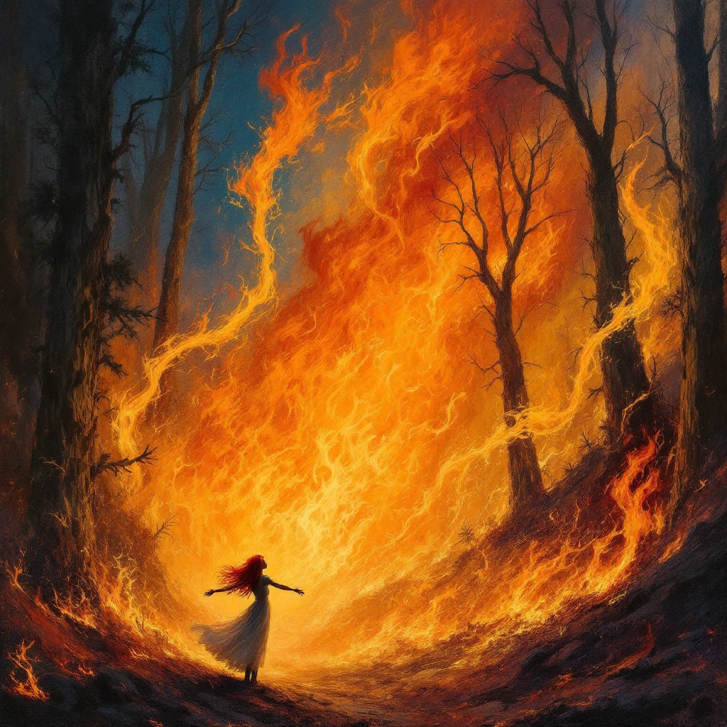 A figure in a flowing dress stands amidst roaring flames, embodying the spirit of rebellion from the quote, Fire is catching! And if we burn, you burn with us! in a vivid, dramatic landscape.