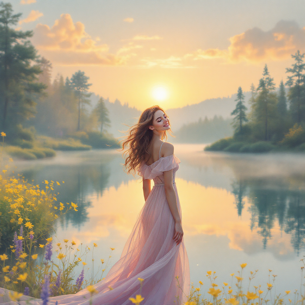 A serene scene depicts a woman in a flowing pink dress standing by a tranquil lake at sunrise, embodying the idea of memory as an embrace of life's fleeting dreams.