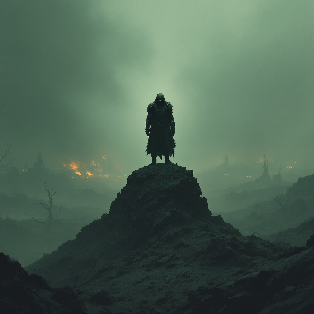 A solitary figure stands on a rocky peak amidst a desolate landscape, shrouded in green mist, evoking the weight of choices and their impact on the world.