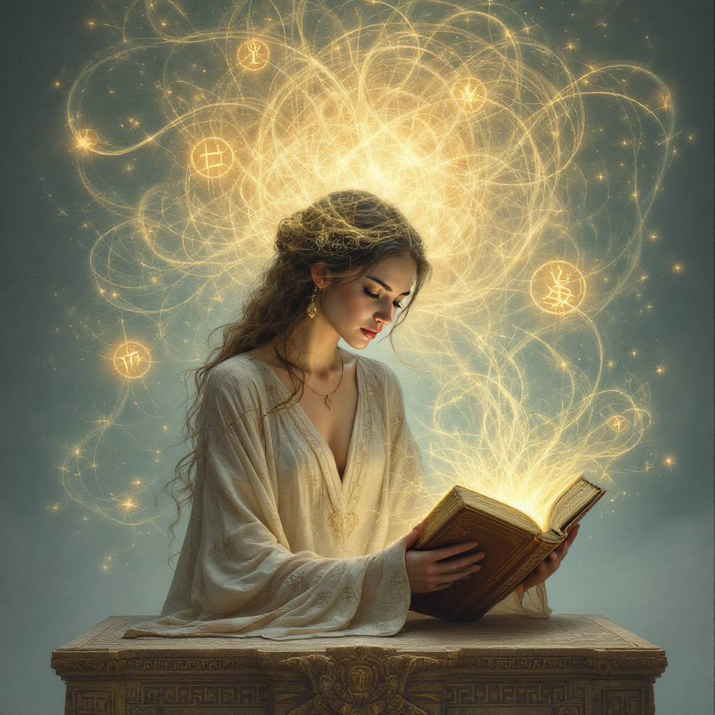 A woman in a flowing white garment reads a glowing book, surrounded by swirling golden light and mystical symbols, symbolizing the connection between past knowledge and the future.