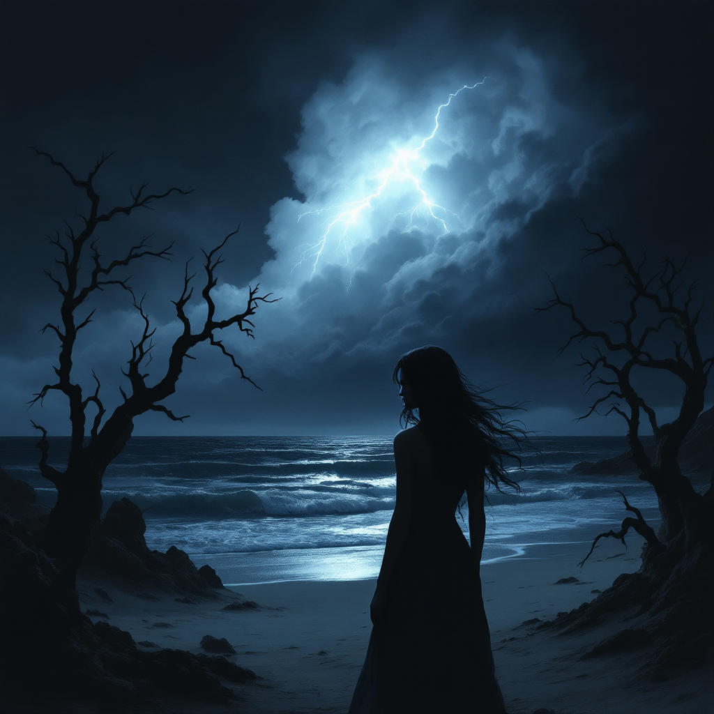 A silhouetted figure stands on a dark beach, gazing at turbulent seas under a stormy sky illuminated by lightning, evoking the quote Fear can make you believe in the unthinkable.