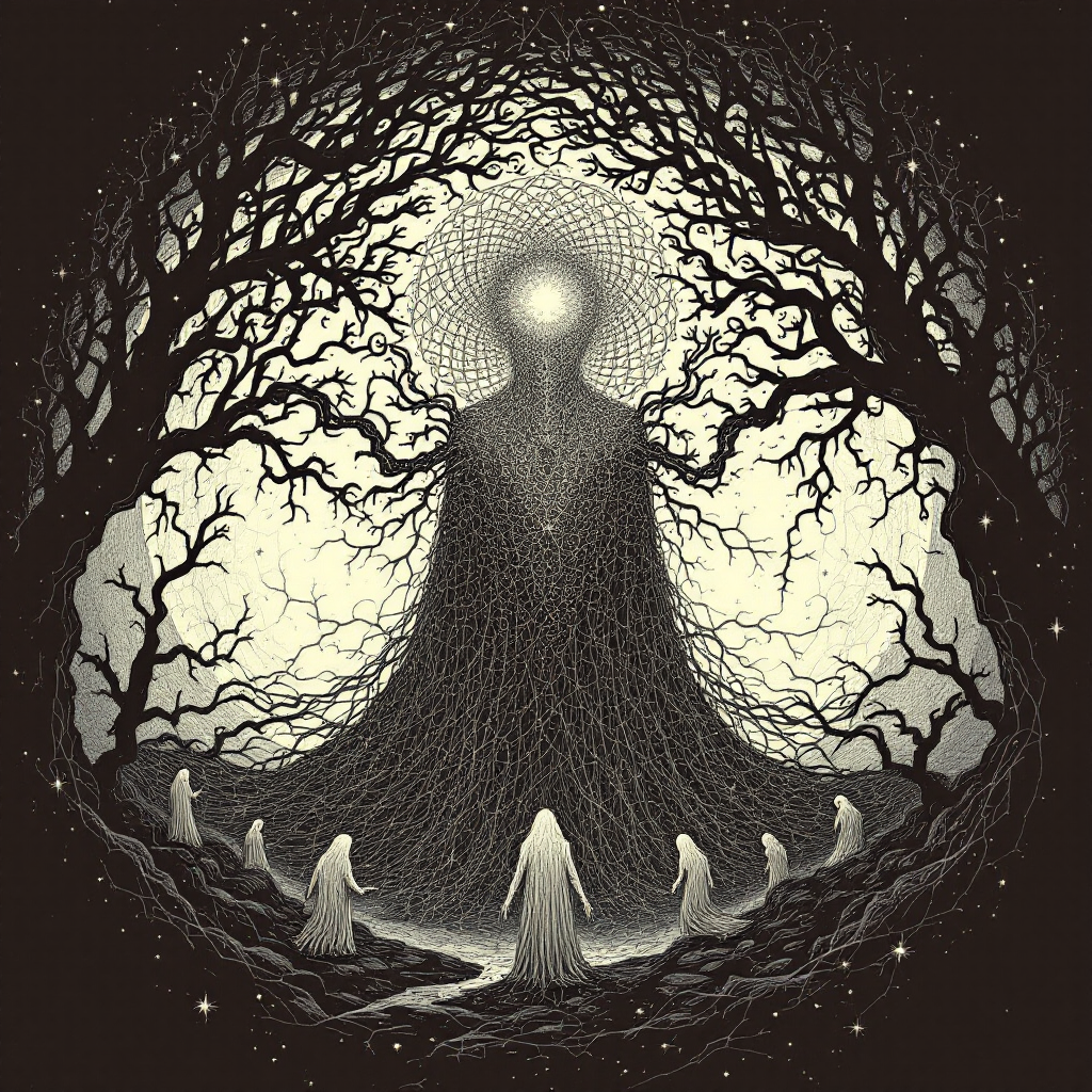 A towering, enigmatic figure surrounded by dark, twisting trees looms over ghostly, hooded figures, symbolizing fear and the legacy of misunderstanding across generations.