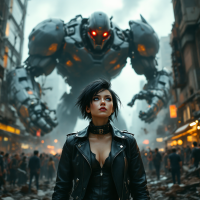 A woman in a black leather jacket stands defiantly in a ruined city, facing a towering, menacing robot with glowing red eyes, embodying themes of resistance and power.