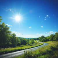 A winding road curves through vibrant green fields under a bright blue sky, with the sun shining overhead, capturing a moment contrasted by a feeling of discontent.