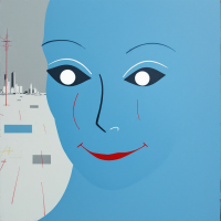 A stylized blue face smiles subtly against a backdrop of abstract shapes and lines, embodying the theme of fear as a prison. The image reflects the poignant quote about fear's impact.