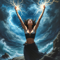 A powerful woman stands on rocky shores, arms raised and summoning lightning against a stormy sky, embodying the quote, “The only cure for grief is action.”