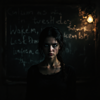 A somber, intense gaze of a young woman stands against a dimly lit chalkboard filled with cryptic messages, evoking themes of ignorance and the manipulation of history.