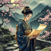 A young woman in traditional attire reads a scroll amidst blooming cherry blossoms and mountainous scenery, embodying the connection between past truths and present understanding.