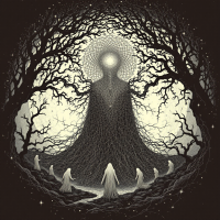 A towering, enigmatic figure surrounded by dark, twisting trees looms over ghostly, hooded figures, symbolizing fear and the legacy of misunderstanding across generations.