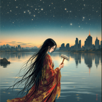 A woman in a flowing robe stands by a tranquil lake, holding a hammer, gazing at a starry sky and a city skyline, embodying the quote, What’s broken can be reforged.