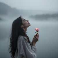 A woman stands in a misty landscape, holding a glowing pink flower close to her face, capturing a moment of introspection and hope amidst the serene, foggy surroundings.