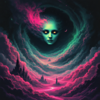 A surreal landscape features a glowing face emerging from swirling clouds, embodying curiosity and fear as it gazes into the abyss, evoking the profound contemplation of existence.