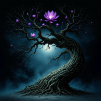 A twisted tree with gnarled branches reaches towards a dark sky, adorned with glowing purple lotuses, embodying the complexity and surprises of a good story.