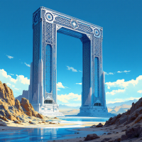 A majestic, ornate archway rises from a rocky landscape, reflecting against a serene body of water, embodying the quote, The enemy’s gate is down.