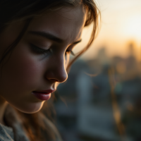 A close-up of a young woman with a solemn expression, gazing downward. The warm glow of sunset creates a poignant backdrop, reflecting the depth of psychological trauma's impact.