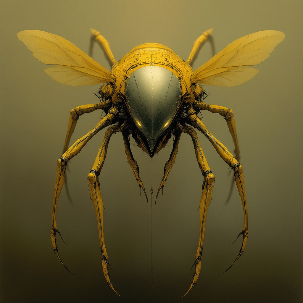 A six-armed golden insect with a metallic face and delicate wings hovers against a muted background, embodying a sense of melancholy and strength.