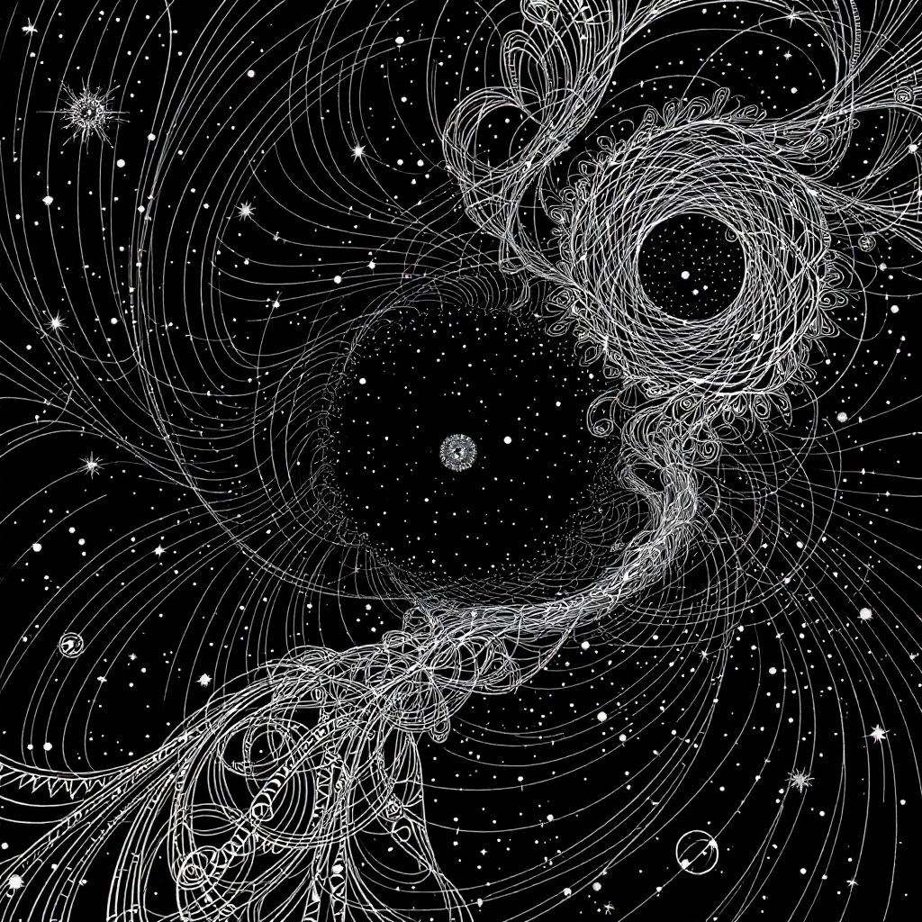 An abstract illustration featuring intricate swirling lines and dots against a black background, evoking the concept of Unspace, representing the void beneath the universe.