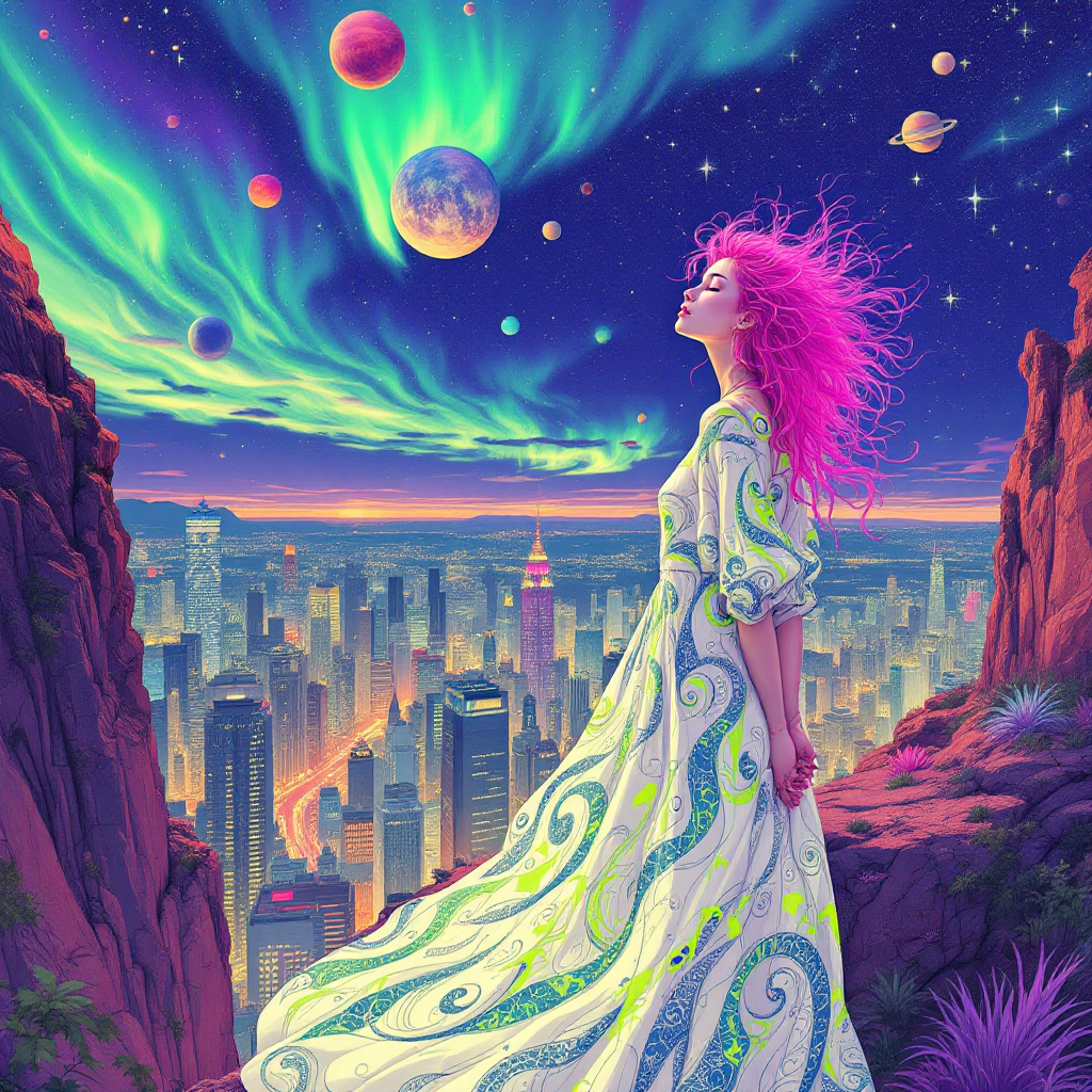 A woman with vibrant pink hair stands against a cosmic backdrop, gazing over a sprawling city illuminated by colorful auroras and planets, embodying the essence of self-determination and personal meaning.