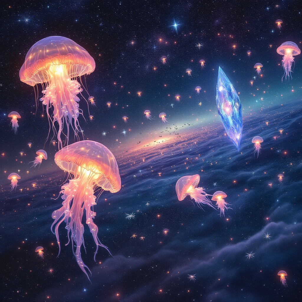 A cosmic scene featuring luminous jellyfish floating in space, surrounded by twinkling stars and a vibrant crystal, illustrating the diverse forms of intelligence beyond humanity.