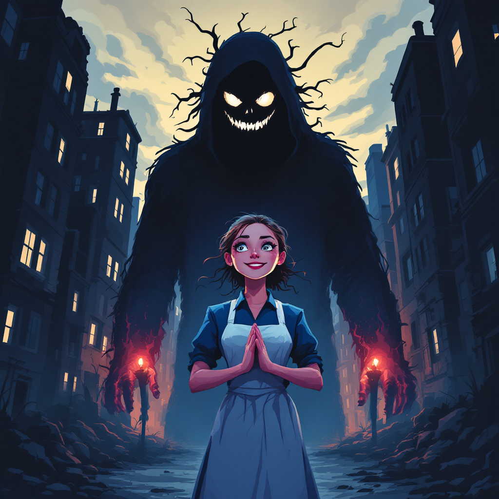 A girl in a blue dress stands confidently in a desolate cityscape, hands clasped, as a menacing shadow looms behind her, embodying the quote, Evil flourishes when good people do nothing.