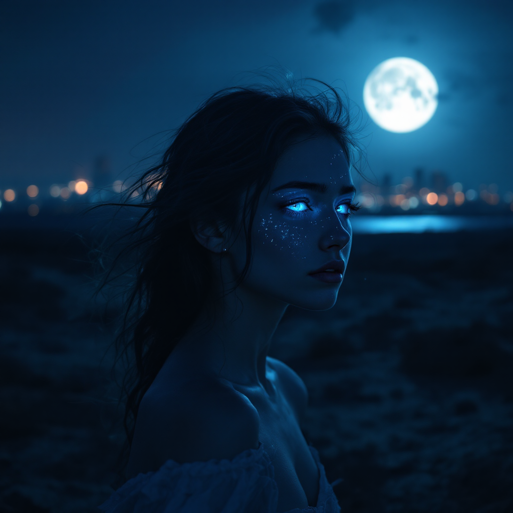 A young woman with glowing blue eyes gazes contemplatively at a moonlit landscape, embodying the sentiment that indifference is the true opposite of love.