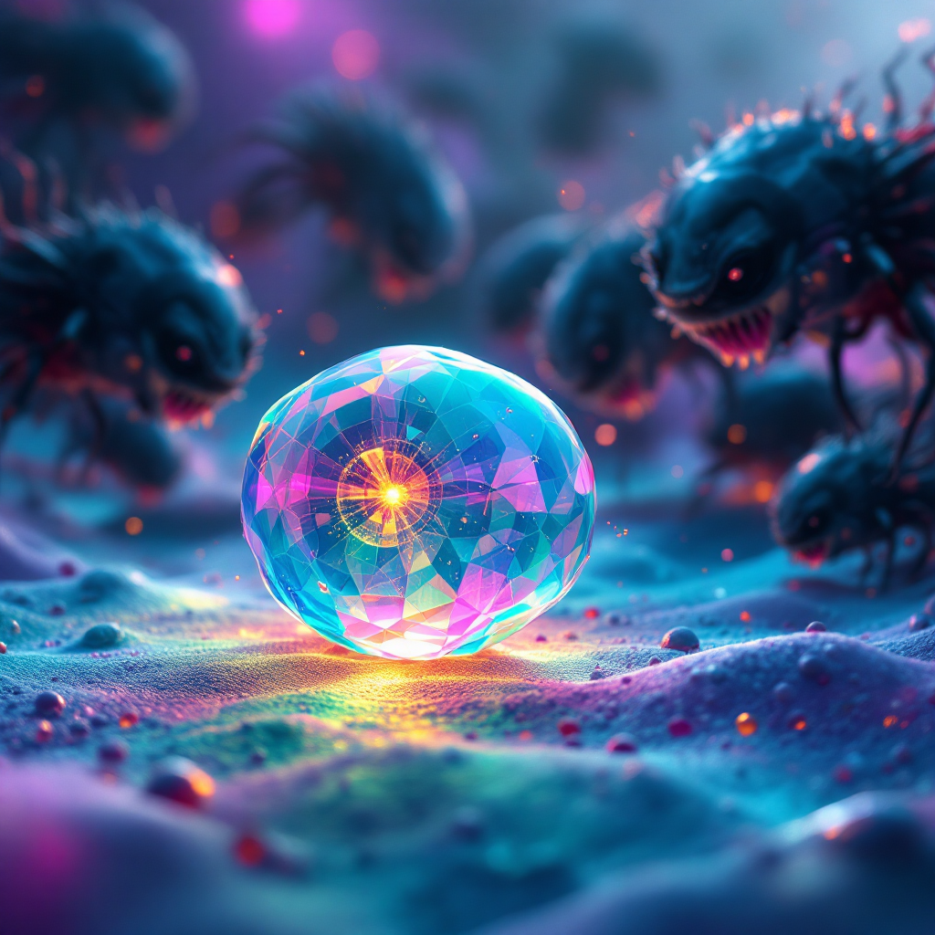 A glowing, multicolored crystal sphere rests on a vibrant, textured surface, surrounded by shadowy, menacing creatures, symbolizing life's resilience even in the smallest forms.