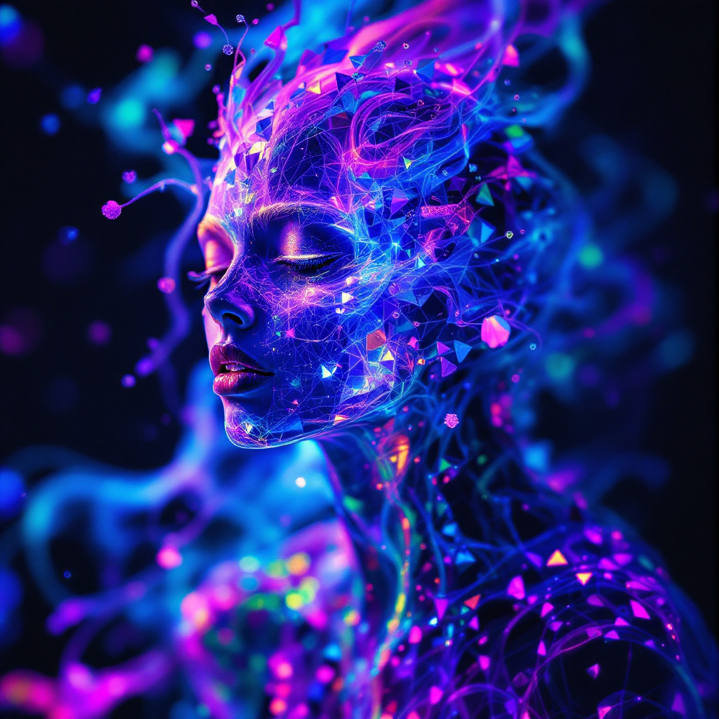 A vibrant, ethereal figure with swirling neon colors and sparkling elements, representing the complexity and multifaceted nature of identity and self-acceptance.