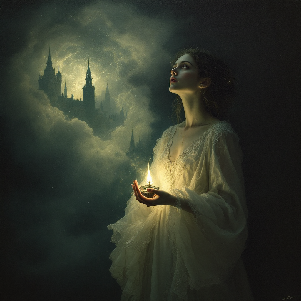 A woman in a flowing white gown holds a glowing light, gazing upward as a mystical castle emerges from swirling clouds, symbolizing the idea that truth is a matter of perception.