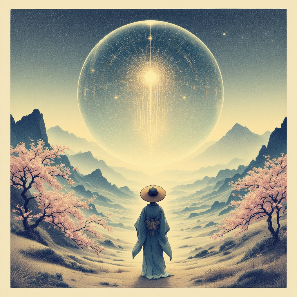 A serene landscape features a figure in traditional attire standing before a glowing orb, surrounded by cherry blossoms and mountains, reflecting on the ethical implications of artificial intelligence.