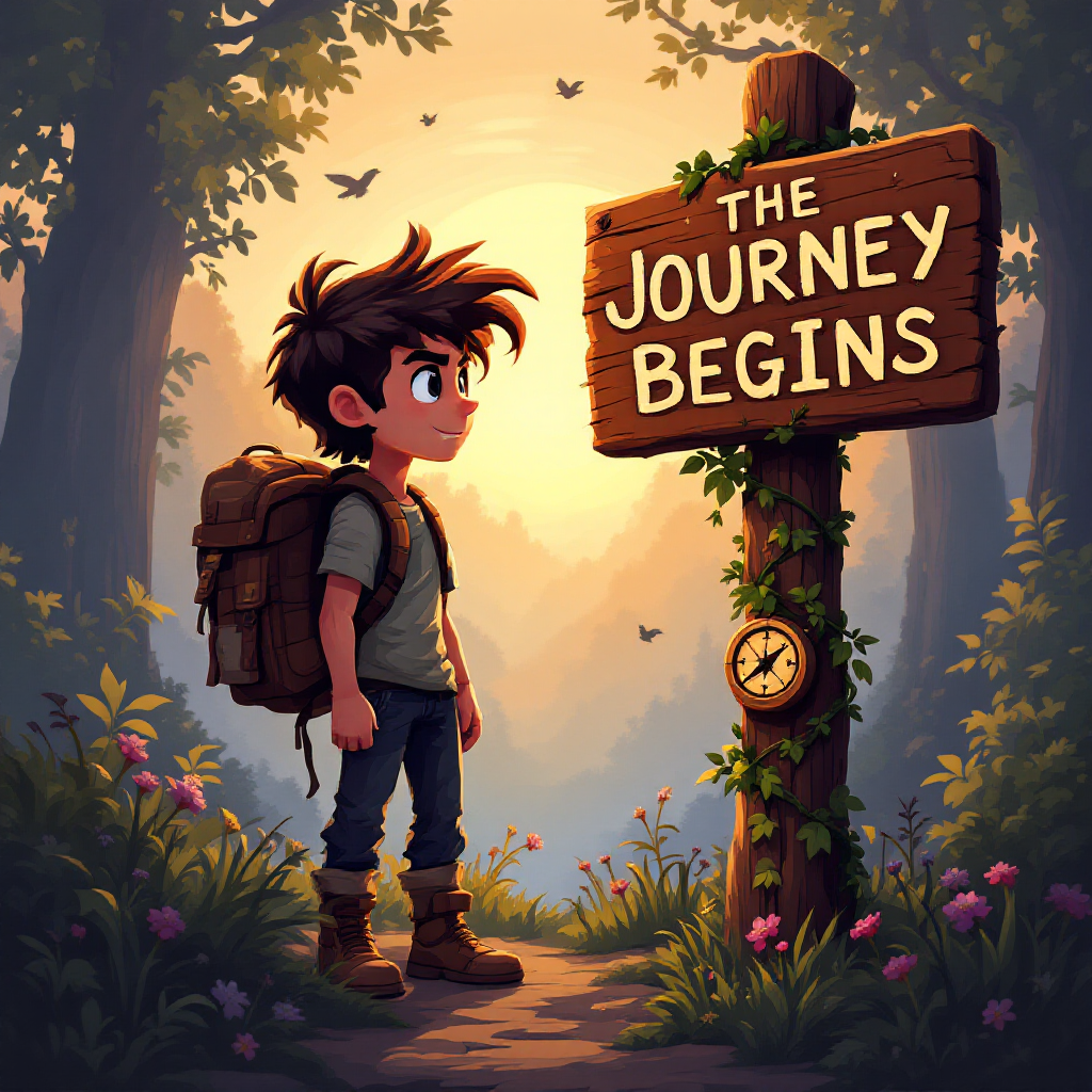 A young boy with a backpack stands beside a wooden sign reading The Journey Begins, surrounded by a lush forest bathed in warm light, symbolizing the start of an adventure.