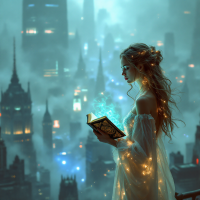 A ethereal figure in a flowing gown holds an illuminated book, surrounded by shimmering light and a misty cityscape, embodying the transformative power of words and imagination.