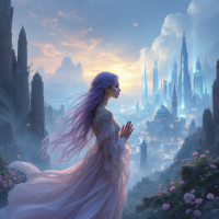 A serene figure in a flowing gown stands before a mystical city at sunset, symbolizing the interplay between past memories and future possibilities.