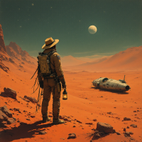 A figure in a spacesuit stands in a barren, red landscape, holding a lantern as they gaze at a distant moon. Nearby lies a crashed spacecraft, embodying the quote about truth amidst uncertainty.