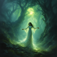 A ethereal figure in a flowing white dress stands with outstretched arms in a misty forest, illuminated by a soft green glow, embodying the essence of embracing deep emotions.