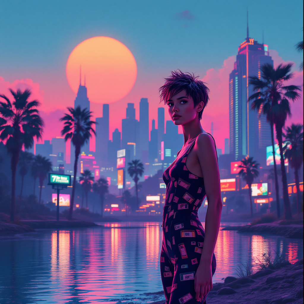 A figure stands by a reflective water body, with a vibrant city skyline bathed in sunset hues. Palm trees frame the scene, embodying themes of resilience and moving forward.